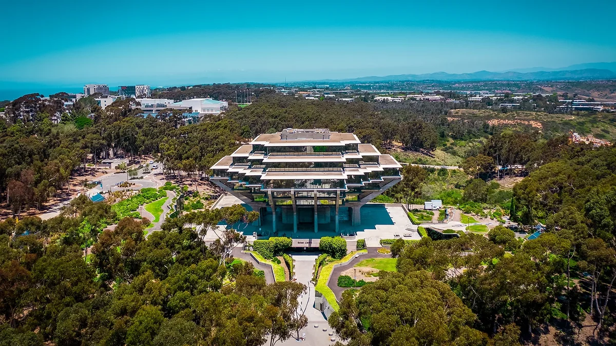 UC San Diego campus aerial view with Geisel Library and the Pacific Ocean in the distance